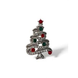 Vintage Silver Tone Holiday Christmas Tree Red Green Rhinestones Brooch Pin
